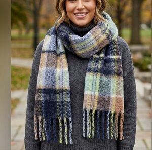 Modena Plaid Fringe Scarf One Size Black Brown Blue Oversized Cozy Winter Wrap